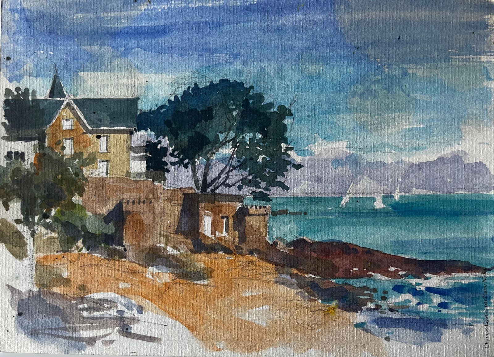 Pierre Neveufrench Coastal Villa And Sea View Brittany Coast Watercolour By Pierre Neveu
