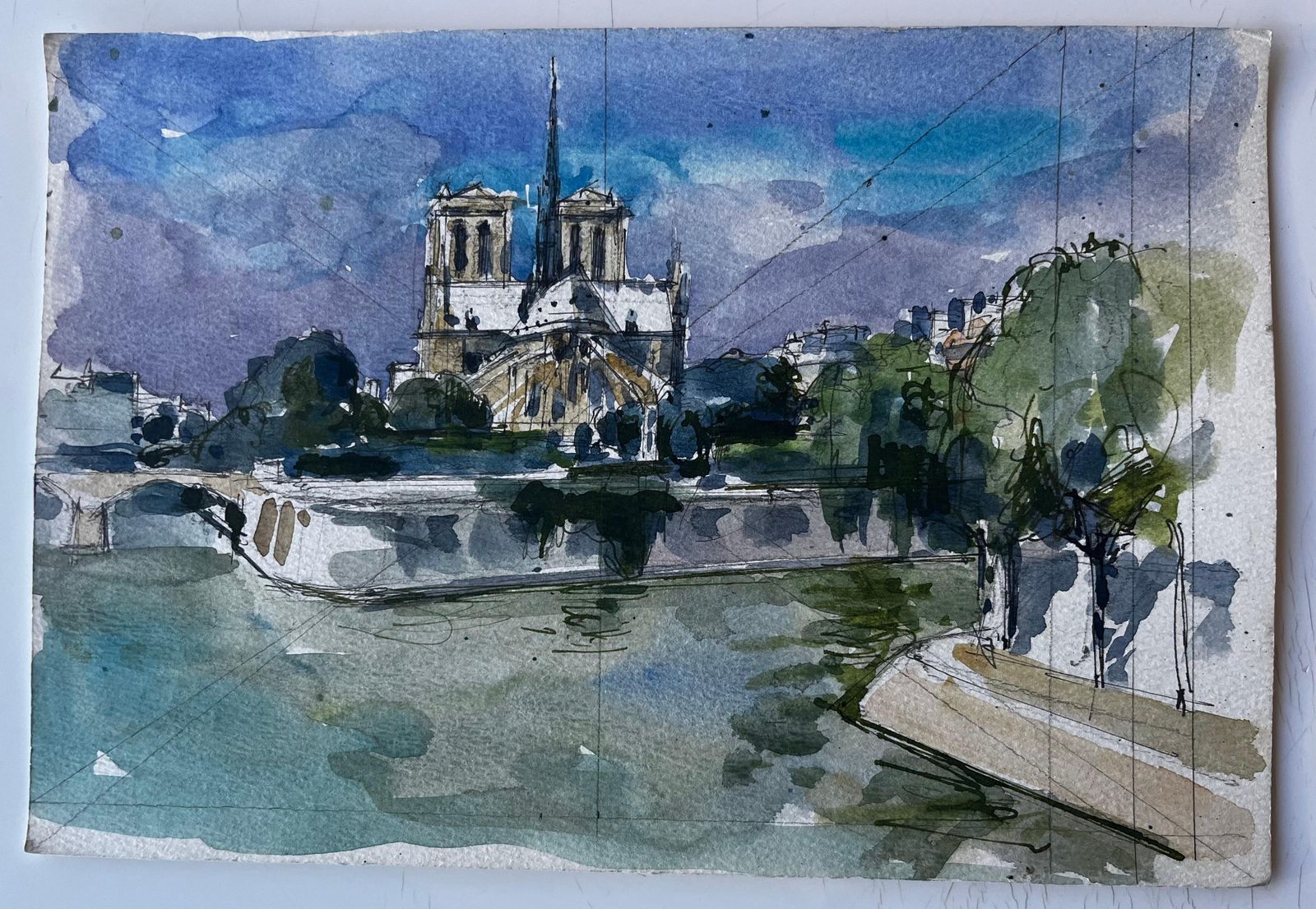 Pierre Neveunotre Dame Cathedral Paris River Seine French Watercolour Cityscape photo furniture