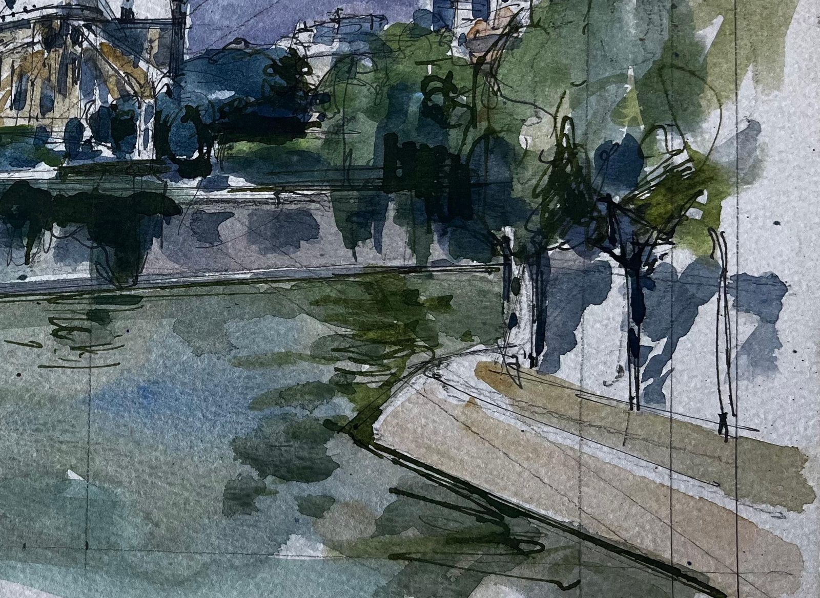 Pierre Neveunotre Dame Cathedral Paris River Seine French Watercolour Cityscape photo vinterior