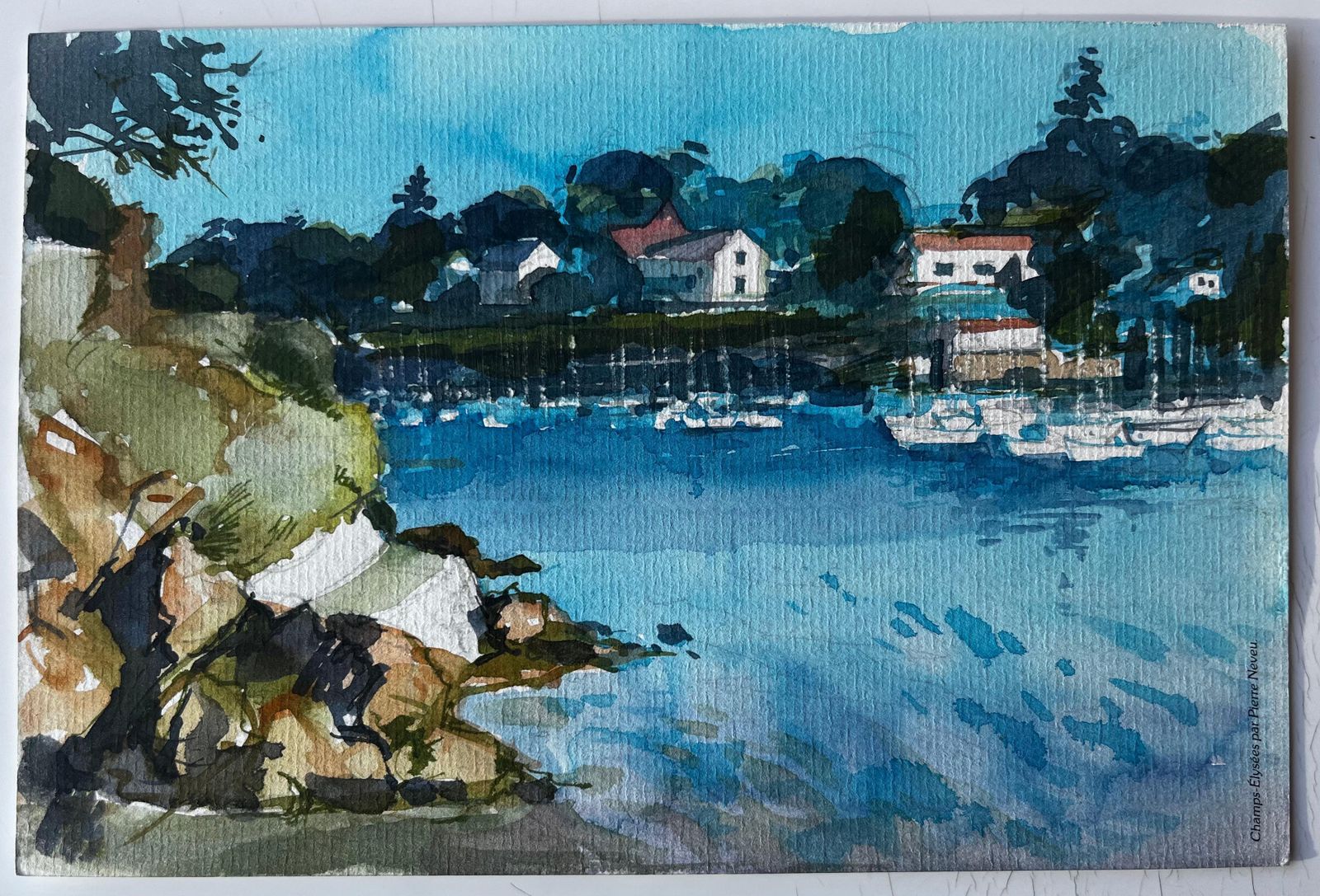Pierre Neveufrench Harbour With Moored Boats And Clifftop Houses Watercolour By Pierre Neveu photo furniture