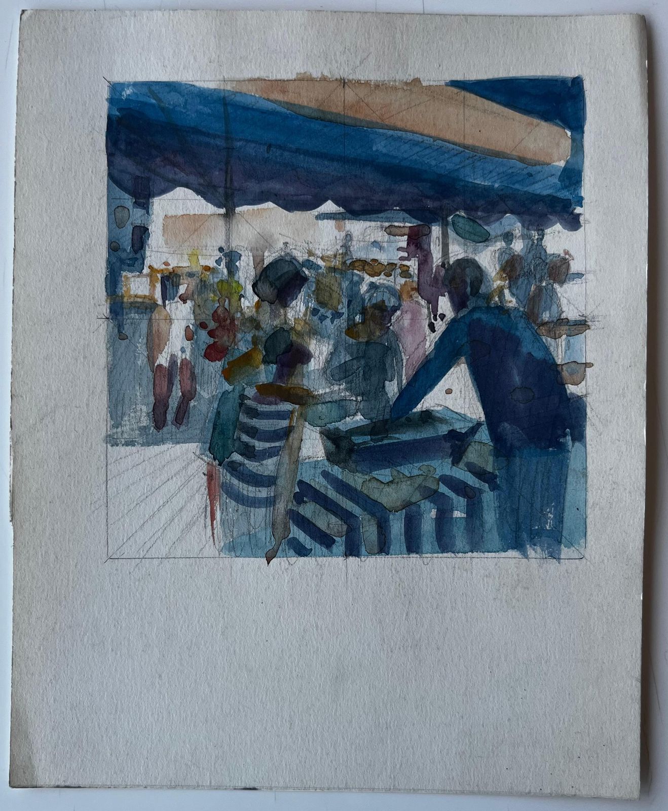 Pierre Neveufrench Market Watercolour Study With Blue Awning By Pierre Neveu photo furniture