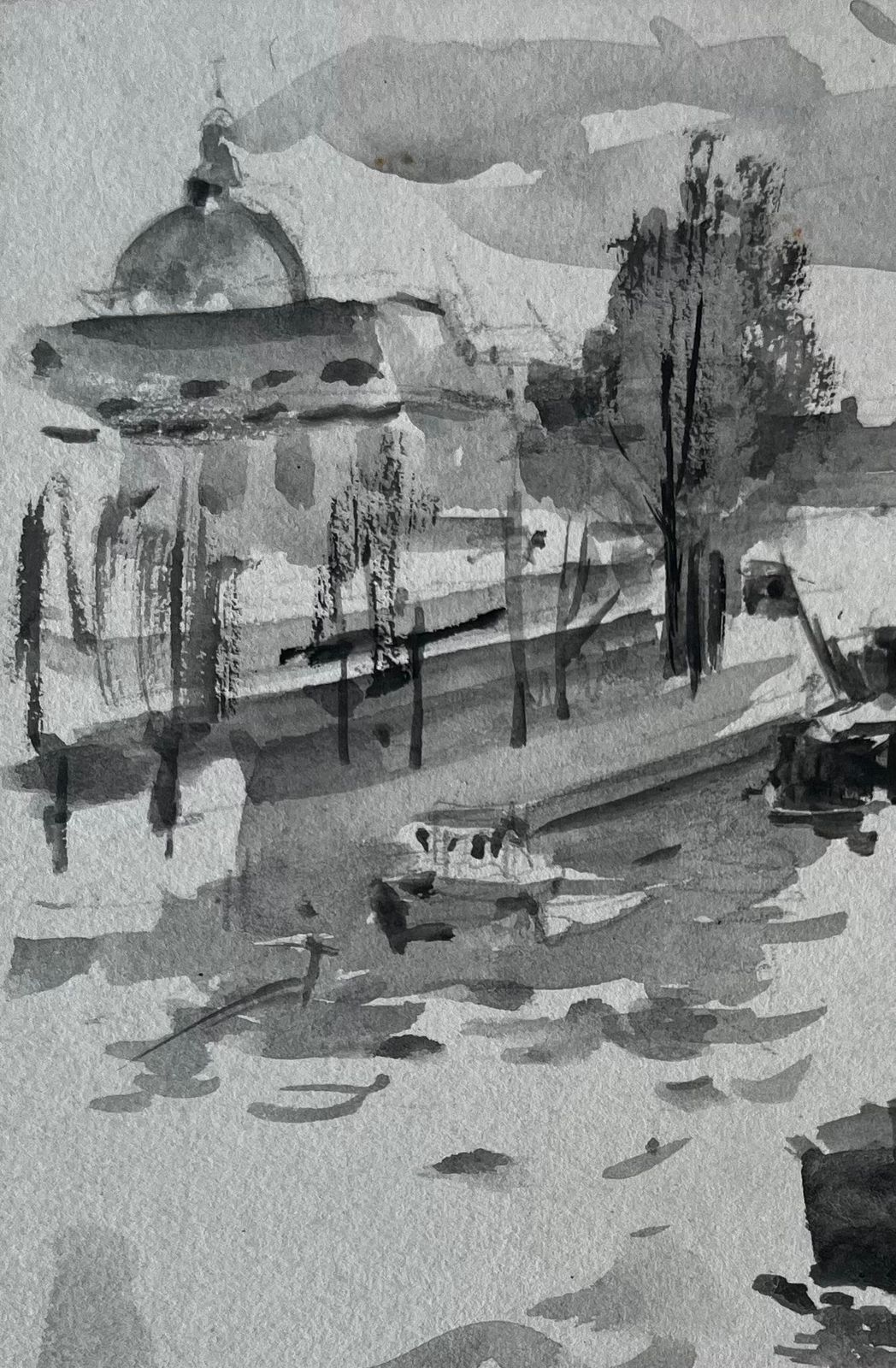 Pierre Neveuriverside Boats And Dome French Ink Wash Watercolour By Pierre Neveu photo for sale