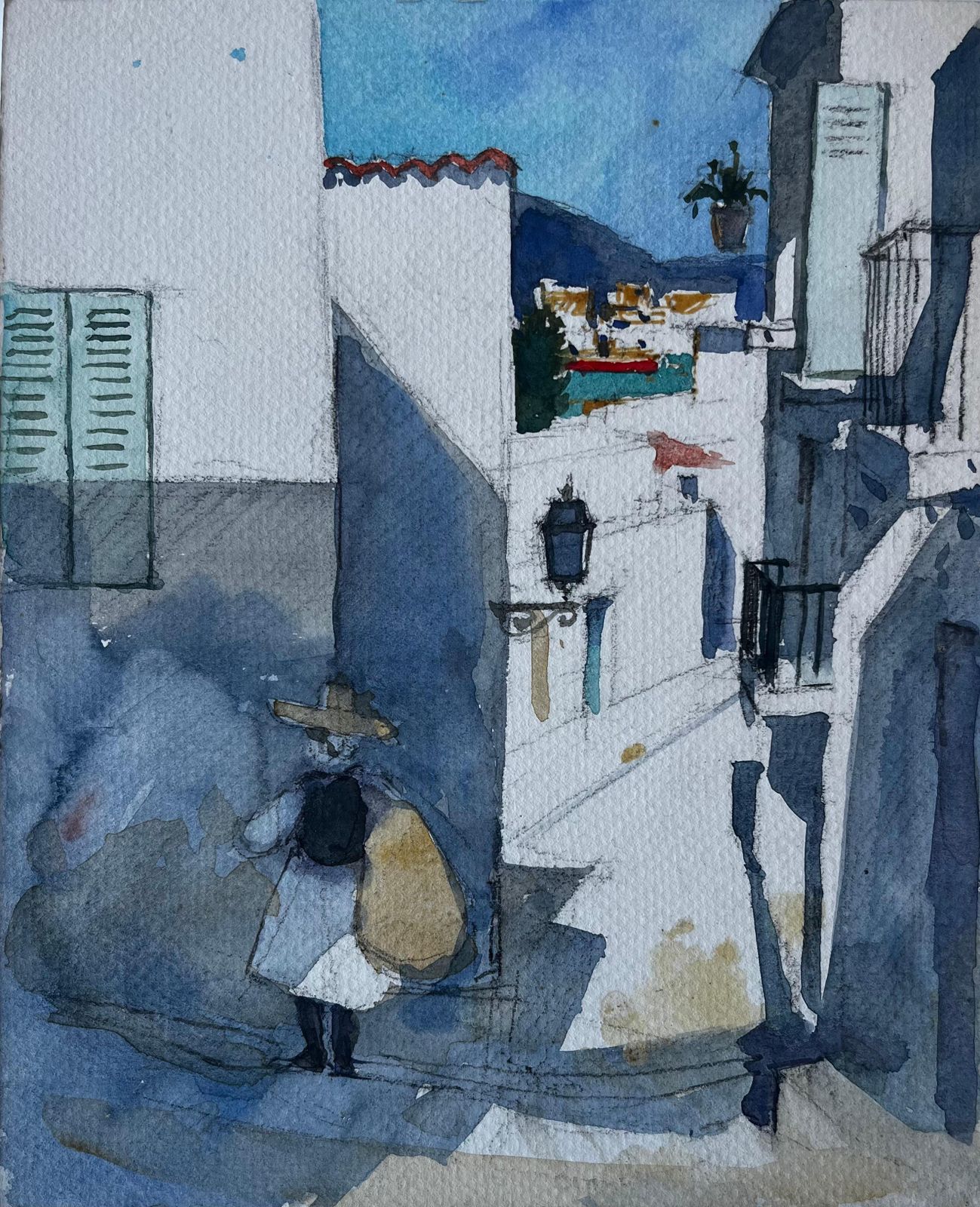 Pierre Neveusunlit Street With Figure French Modernist Watercolour By Pierre Neveu