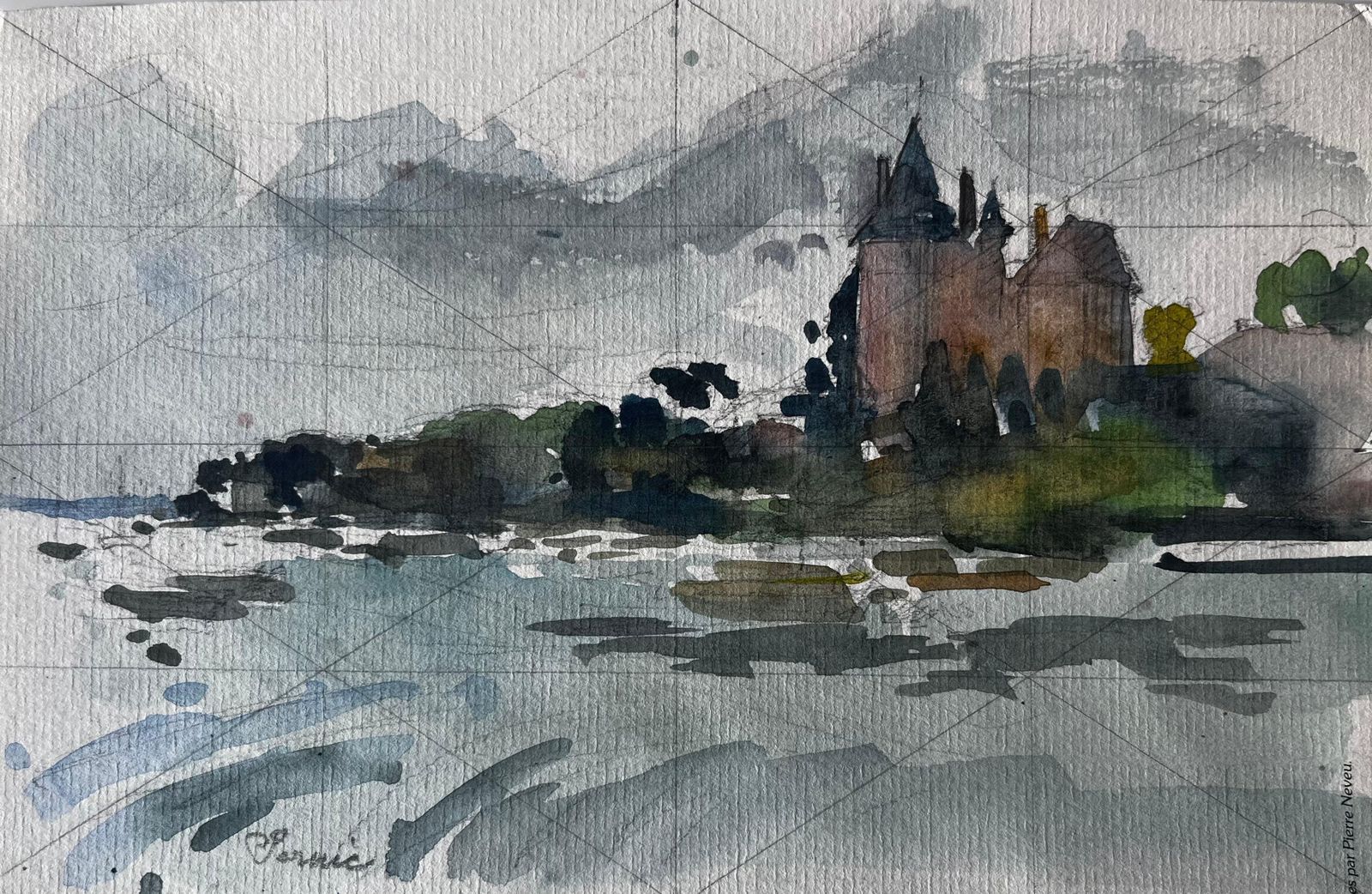 Pierre Neveufrench Château By The Water Atmospheric Study Watercolour By Pierre Neveu