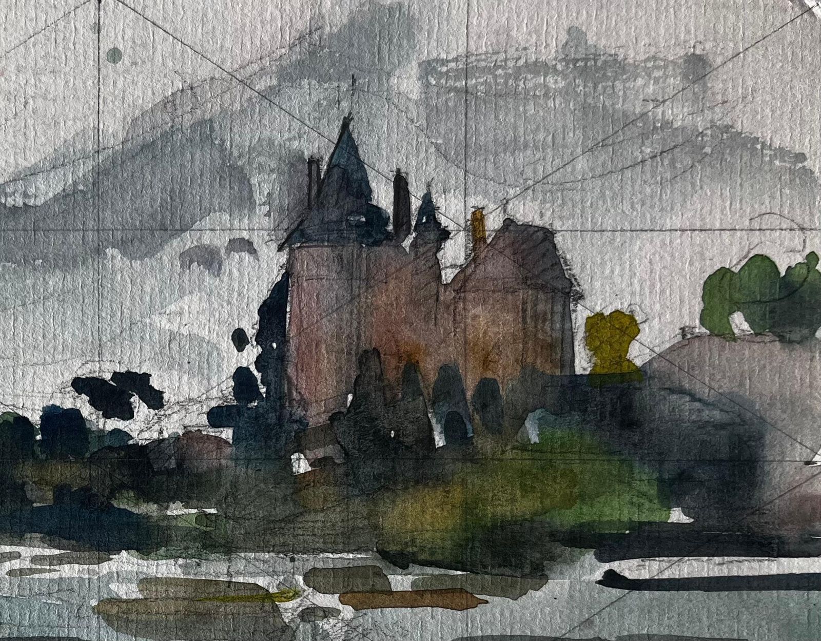 Pierre Neveufrench Château By The Water Atmospheric Study Watercolour By Pierre Neveu photo for sale