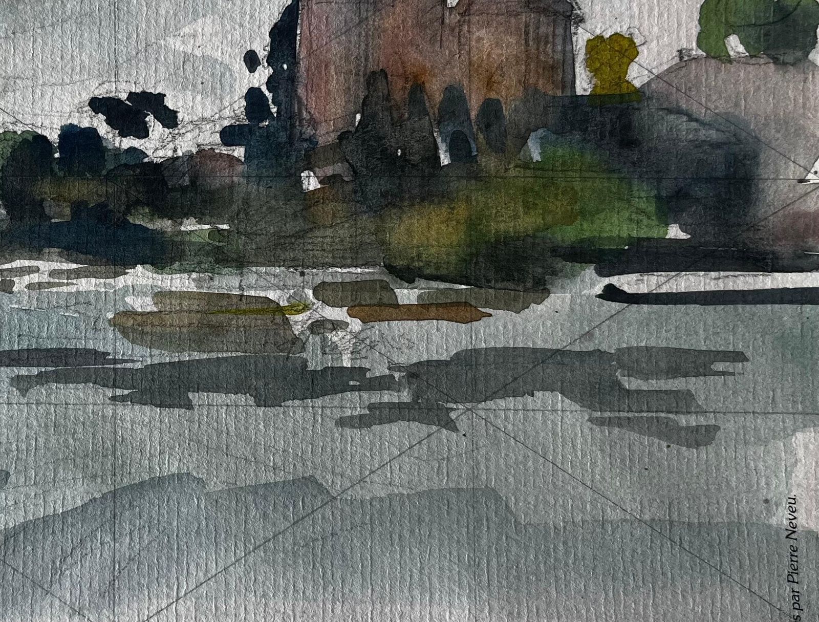 Pierre Neveufrench Château By The Water Atmospheric Study Watercolour By Pierre Neveu photo Art