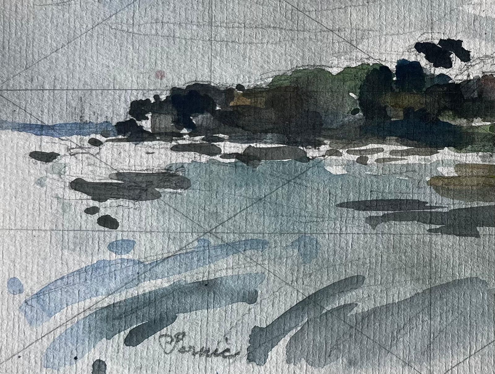 Pierre Neveufrench Château By The Water Atmospheric Study Watercolour By Pierre Neveu photo 356.0
