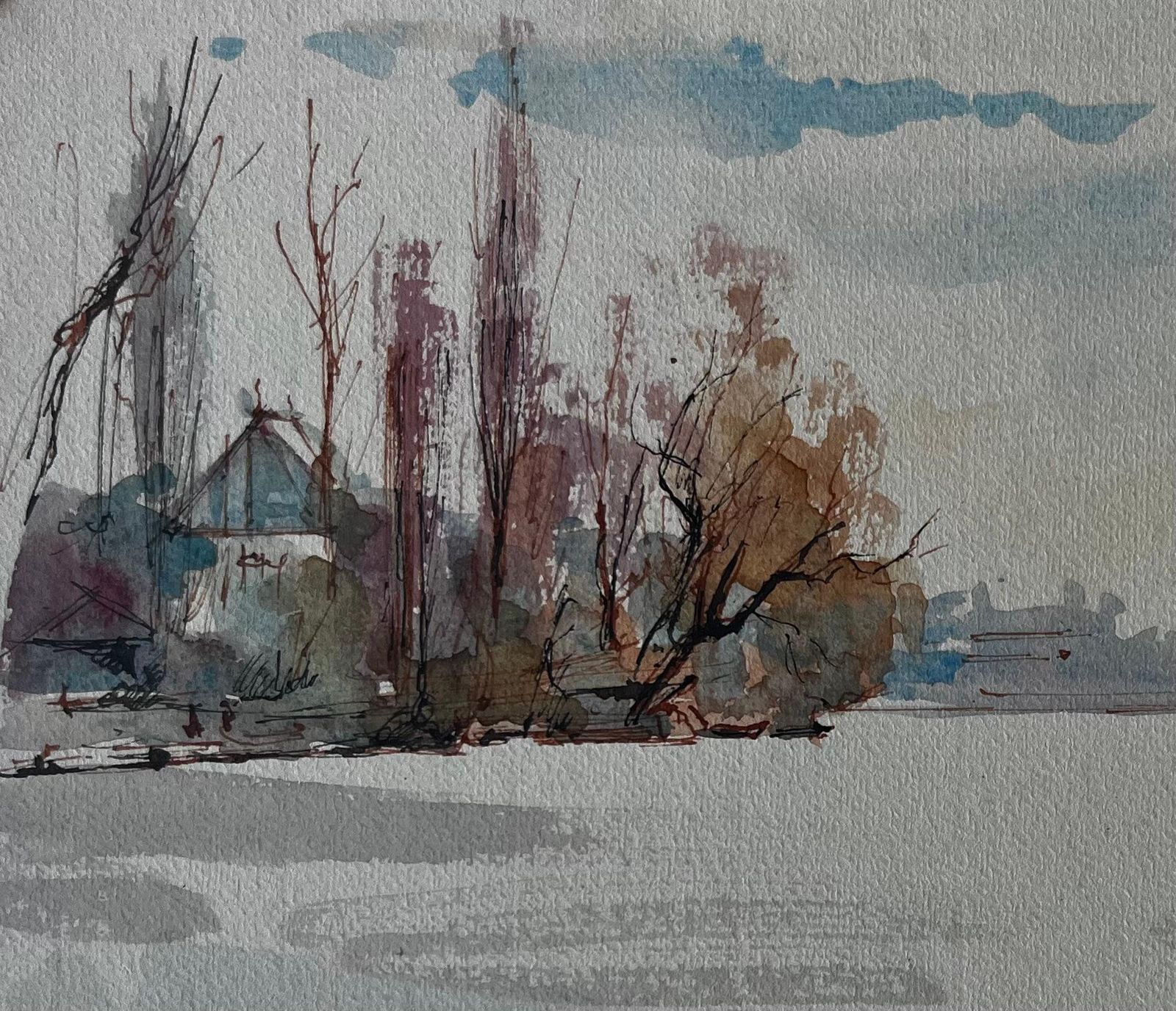 Pierre Neveuriverside Landscape In Winter Light Watercolour By Pierre Neveu photo Art