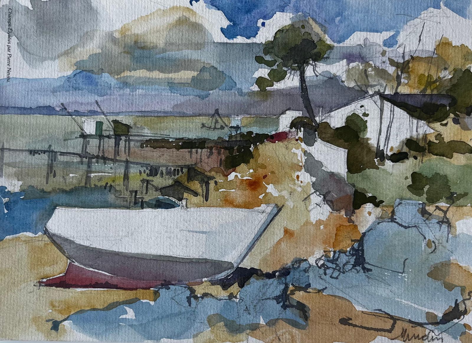 Pierre Neveumindin Estuary Scene With Boat And Carrelets French Coastal Watercolour