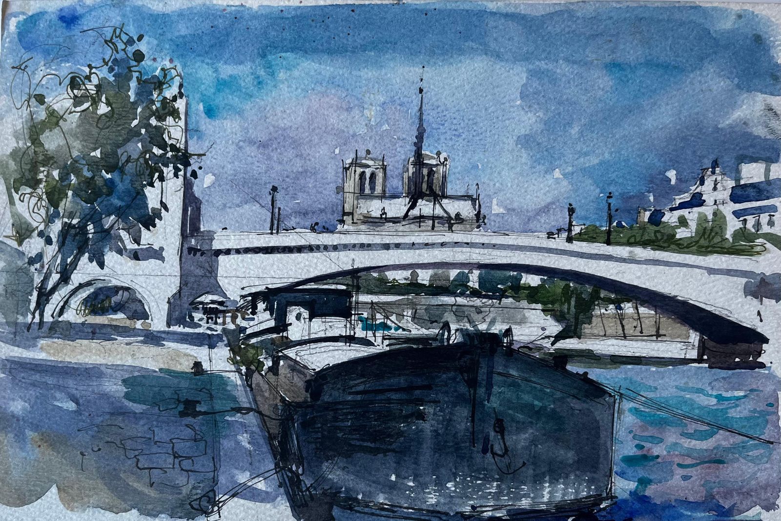 Pierre Neveunotre Dame Cathedral Paris River Seine Boats French Watercolour By Pierre Neveu