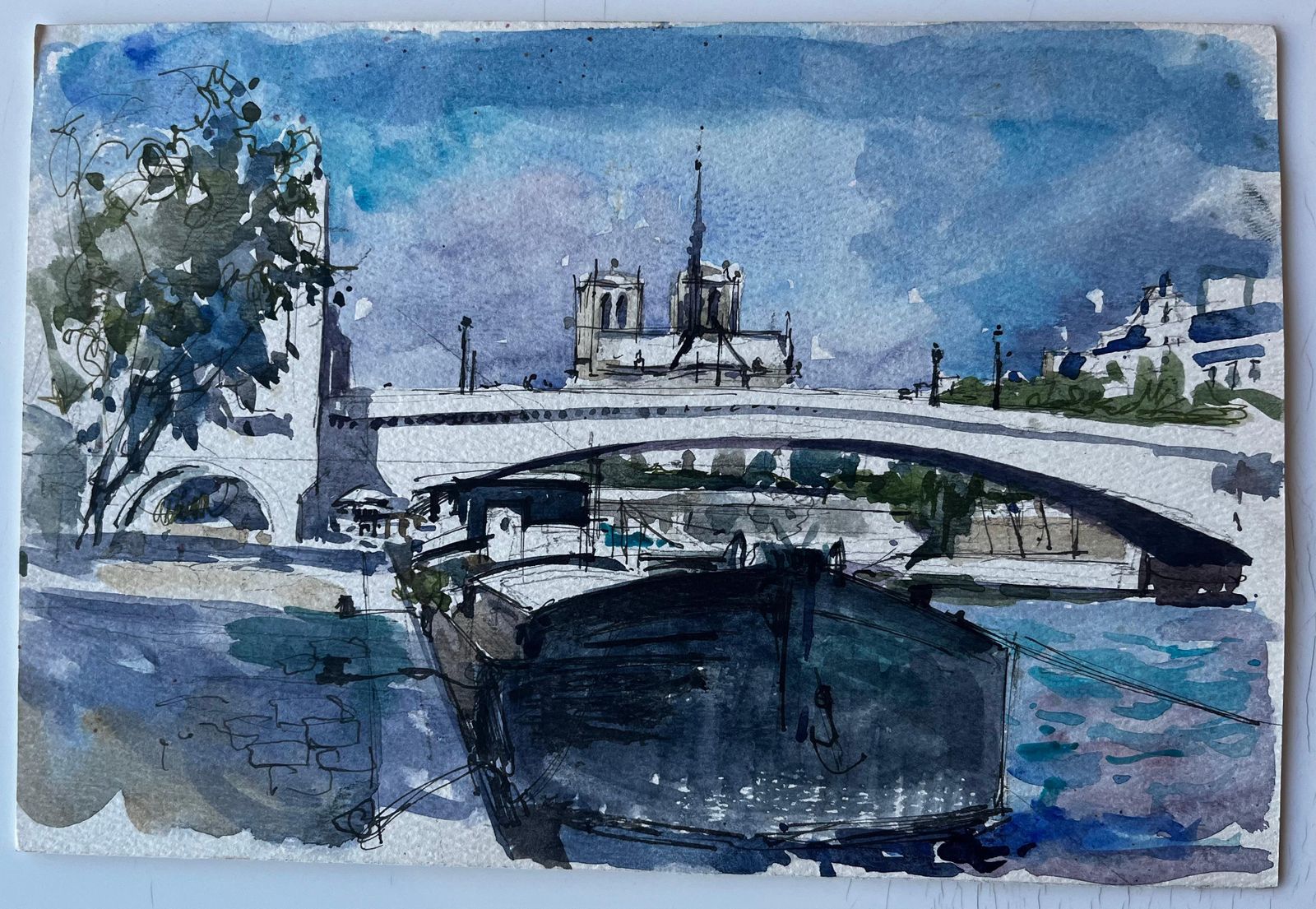 Pierre Neveunotre Dame Cathedral Paris River Seine Boats French Watercolour By Pierre Neveu photo furniture
