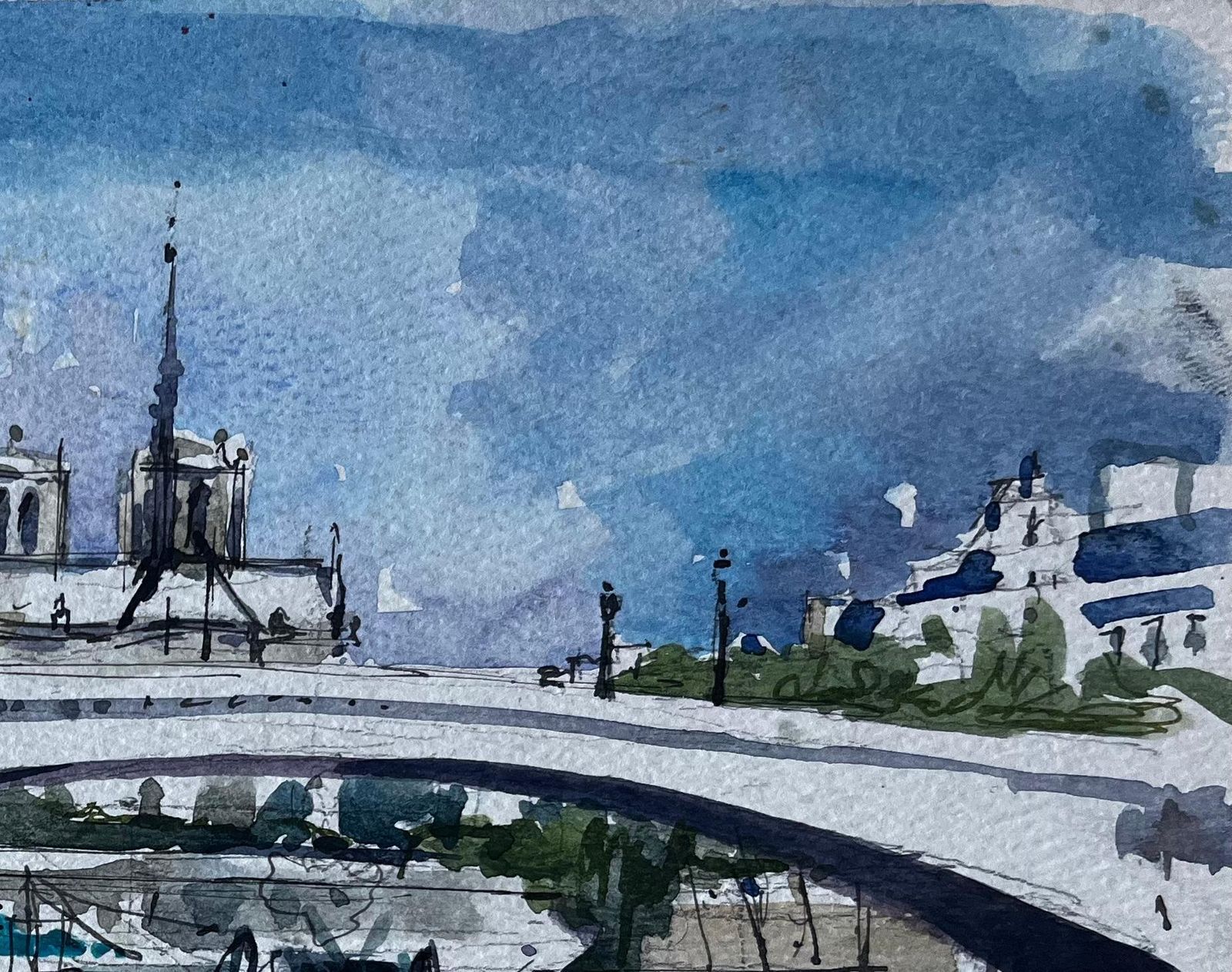 Pierre Neveunotre Dame Cathedral Paris River Seine Boats French Watercolour By Pierre Neveu photo Art