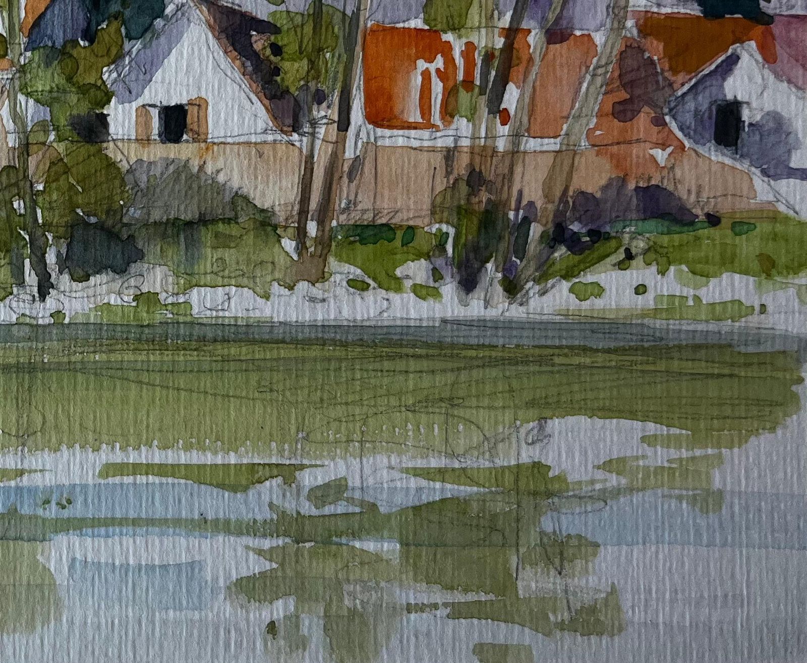 Pierre Neveuhameau De Loy Riverside Village French Watercolour By Pierre Neveu photo for sale