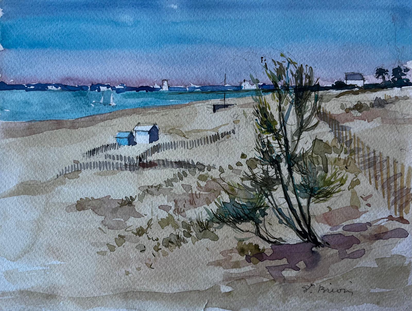 Pierre Neveudunes And Beach Huts At Saint Briac Sur Mer Brittany French Watercolour