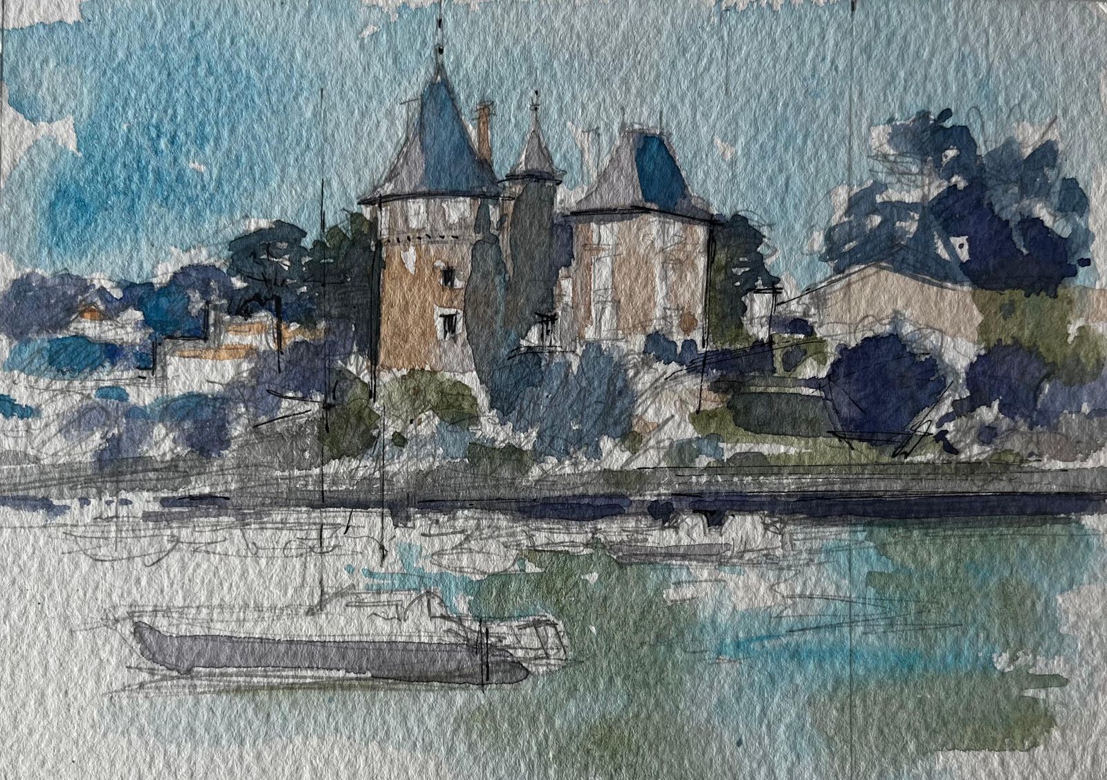 Pierre Neveufrench Château And River Scene Watercolour Landscape By Pierre Neveu