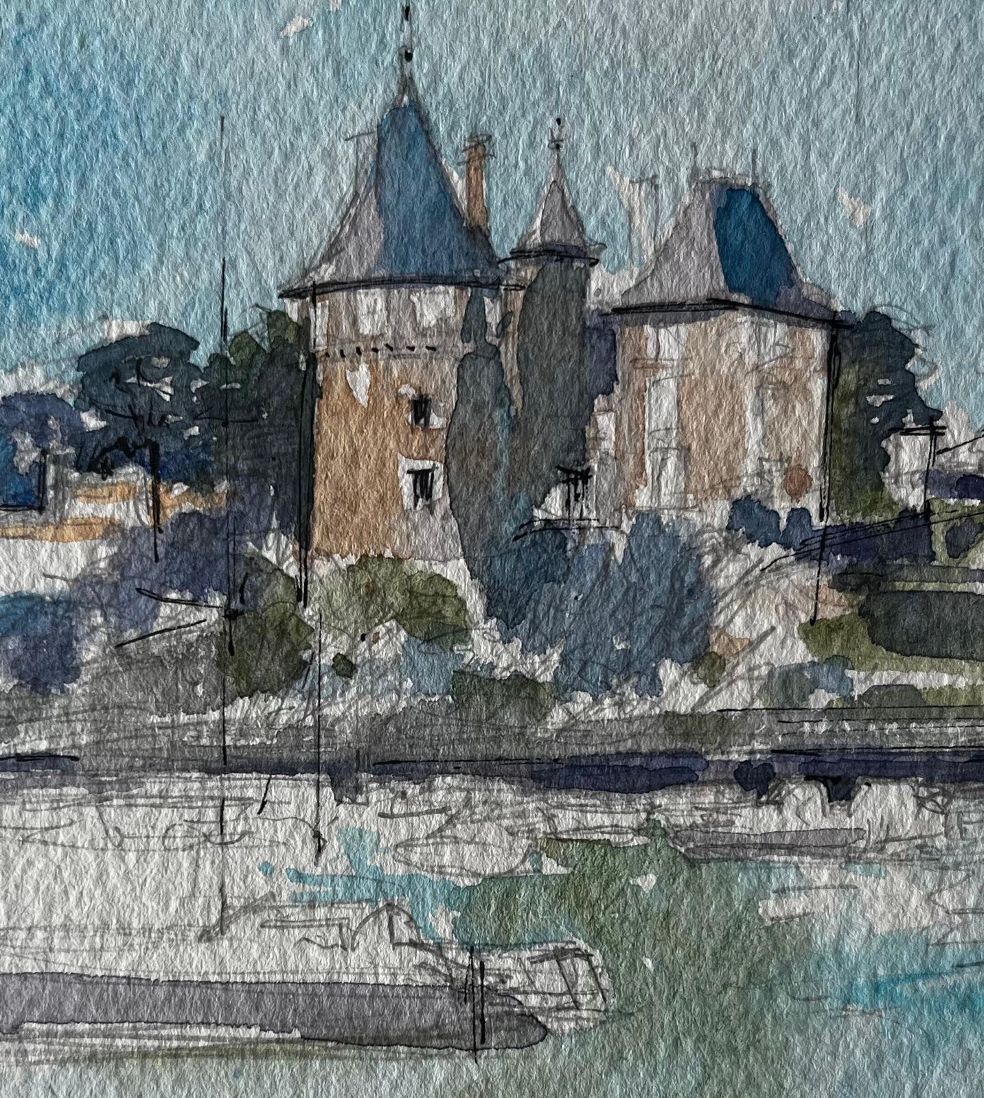 Pierre Neveufrench Château And River Scene Watercolour Landscape By Pierre Neveu photo buy