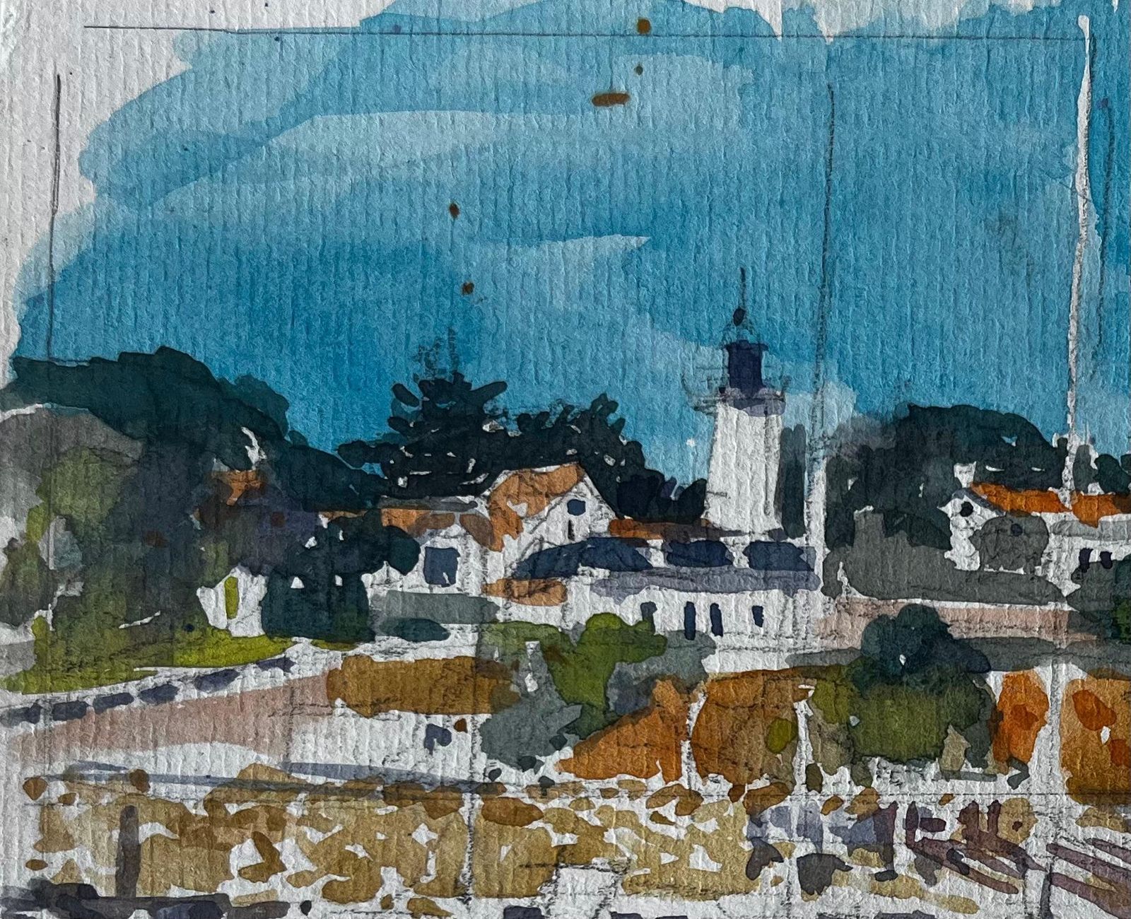 Pierre Neveufrench Lighthouse Harbour Scene Brittany Coast Watercolour By Pierre Neveu photo for sale