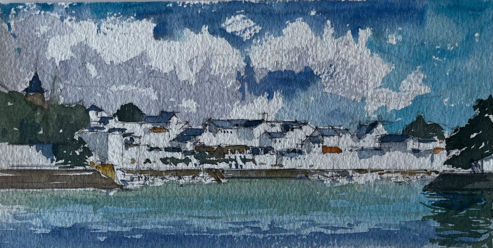 Pierre Neveufrench Brittany Harbour View Coastal Watercolour Seascape By Pierre Neveu