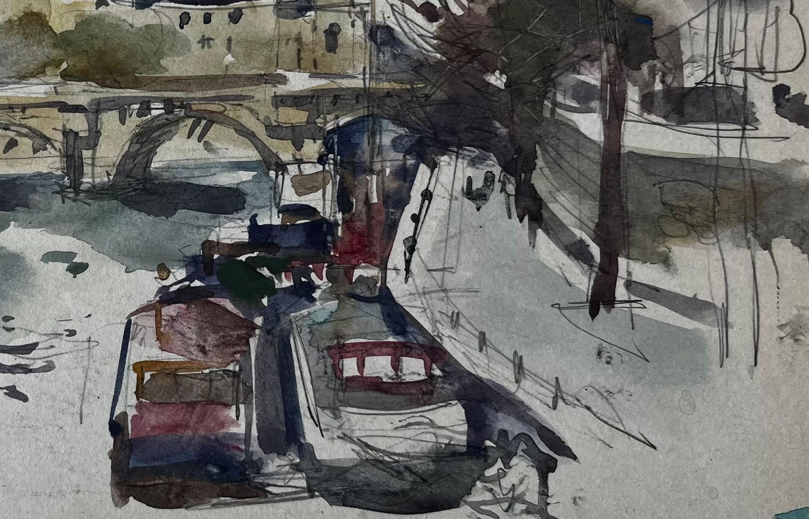 Pierre Neveubridge And Riverside Architecture Scene French Watercolour By Pierre Neveu photo 449.0