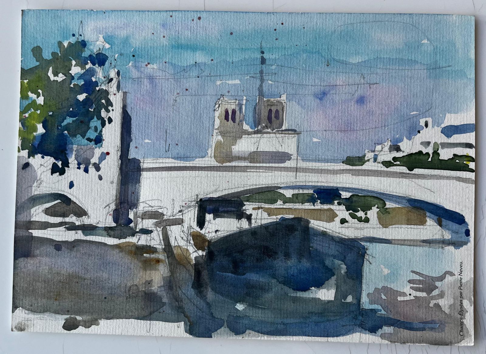 Pierre Neveunotre Dame Cathedral Paris River Seine Bridge French Watercolour By Pierre Neveu photo furniture