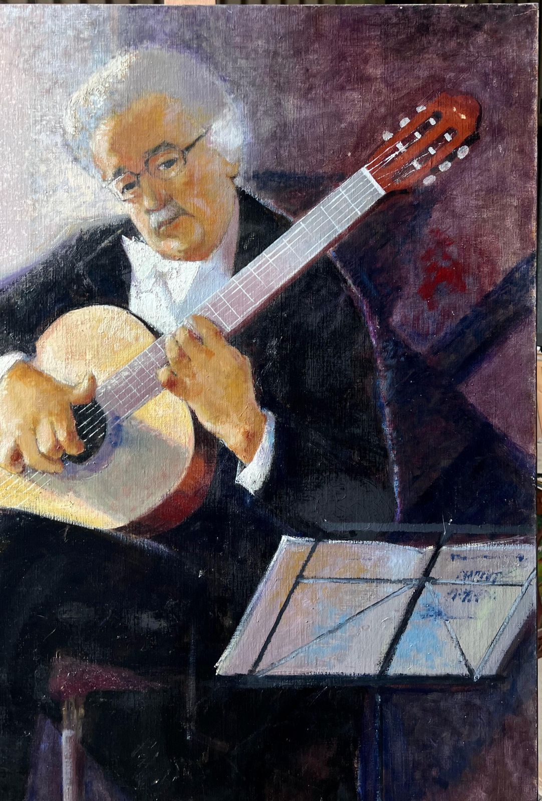 Pierre Neveuclassical Guitarist Reading Notes In Concert French Oil Painting photo for sale