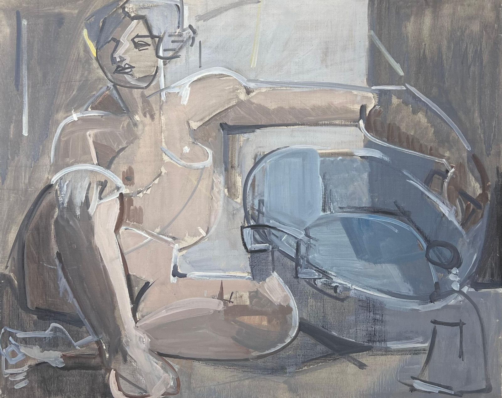 Laure Noetzin Azam (French 1929 2024)fine 20th Century French Cubist Oil Painting Seated Nude Woman In Interior Room