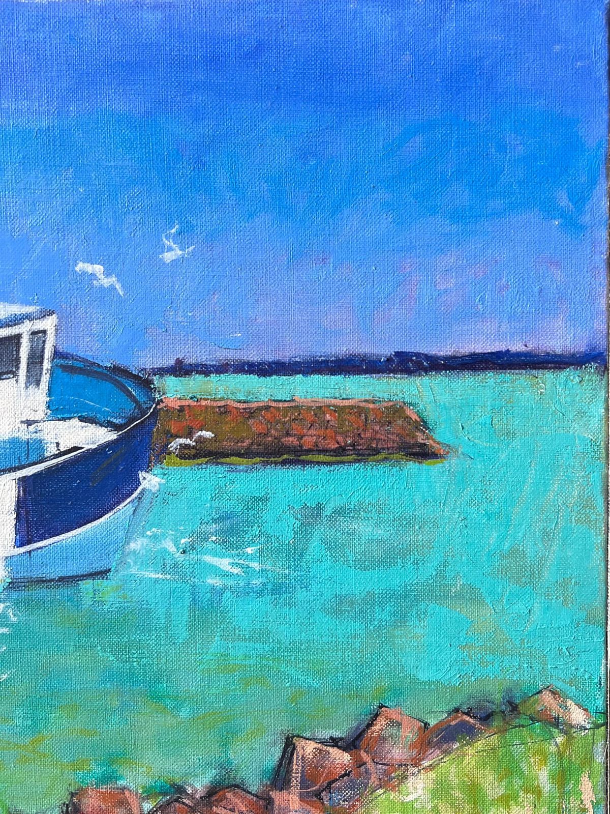 Pierre Neveufishing Boats In Harbour In Bright Green Sea Coast French Oil Painting photo 723.0