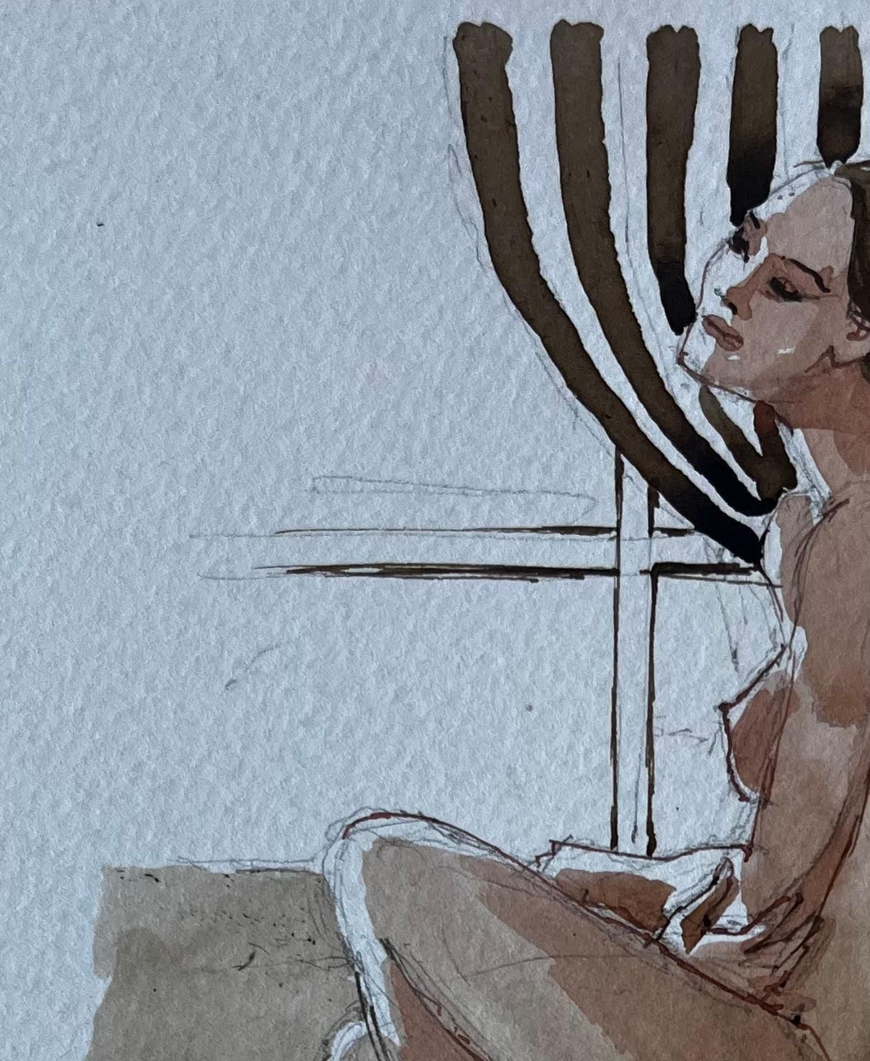 Pierre Neveuseated Female Nude With Striped Curtain French Modernist Watercolour Figure photo 535.0