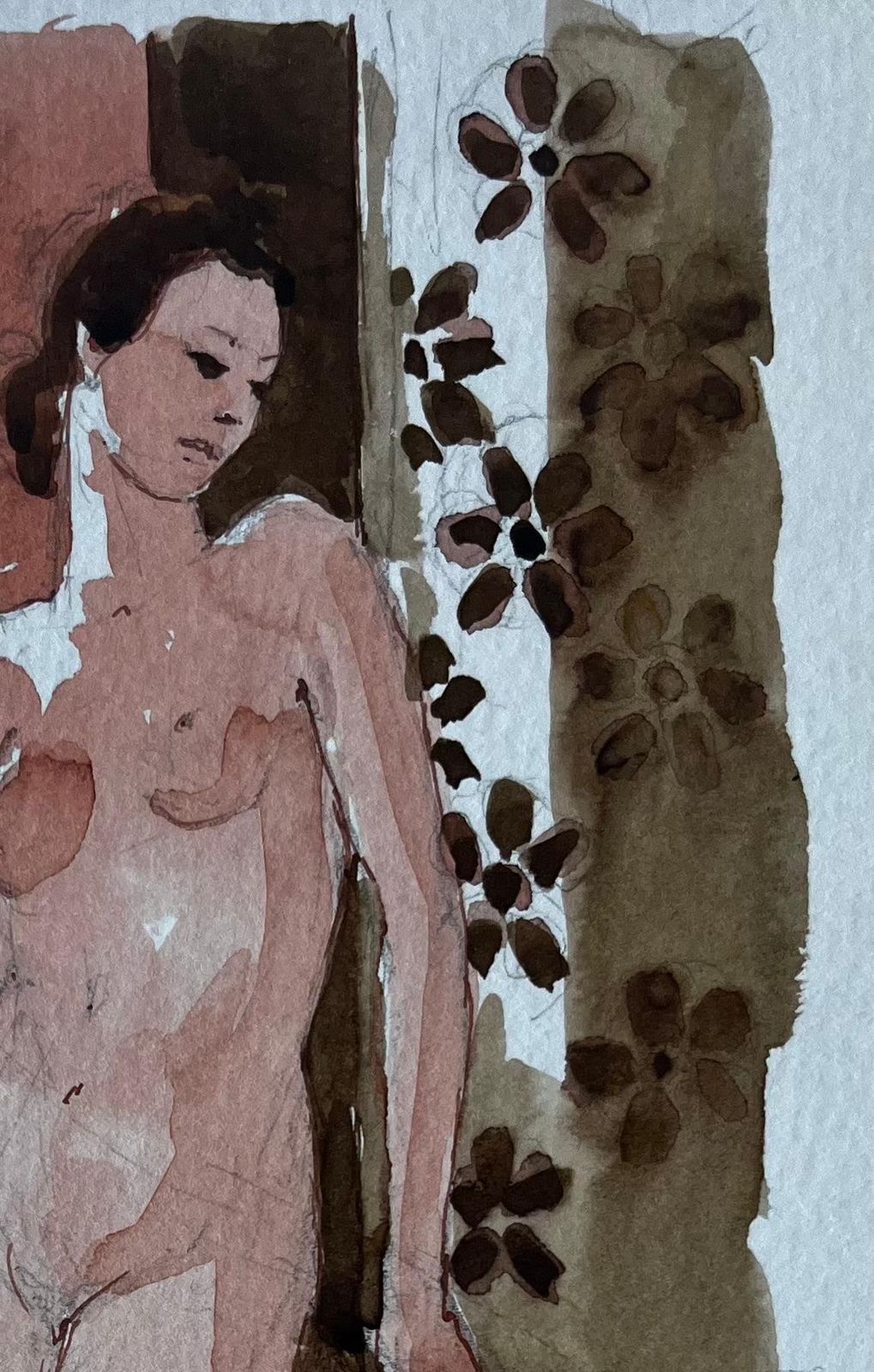 Pierre Neveustanding Female Nude With Floral Pattern French Modernist Watercolour Figure photo for sale