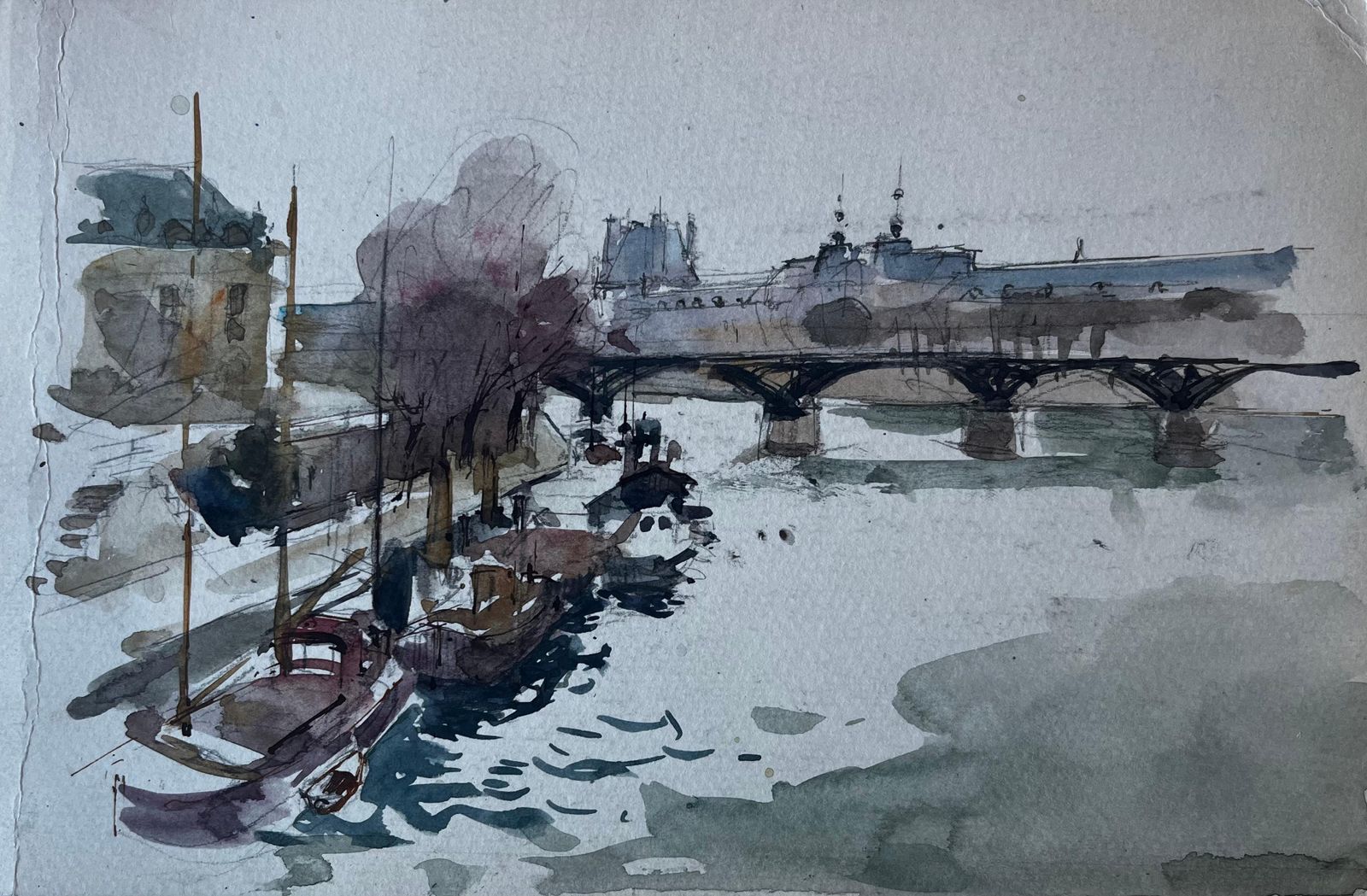Pierre Neveuparis River Scene With Bridge And Boats French Modernist Watercolour