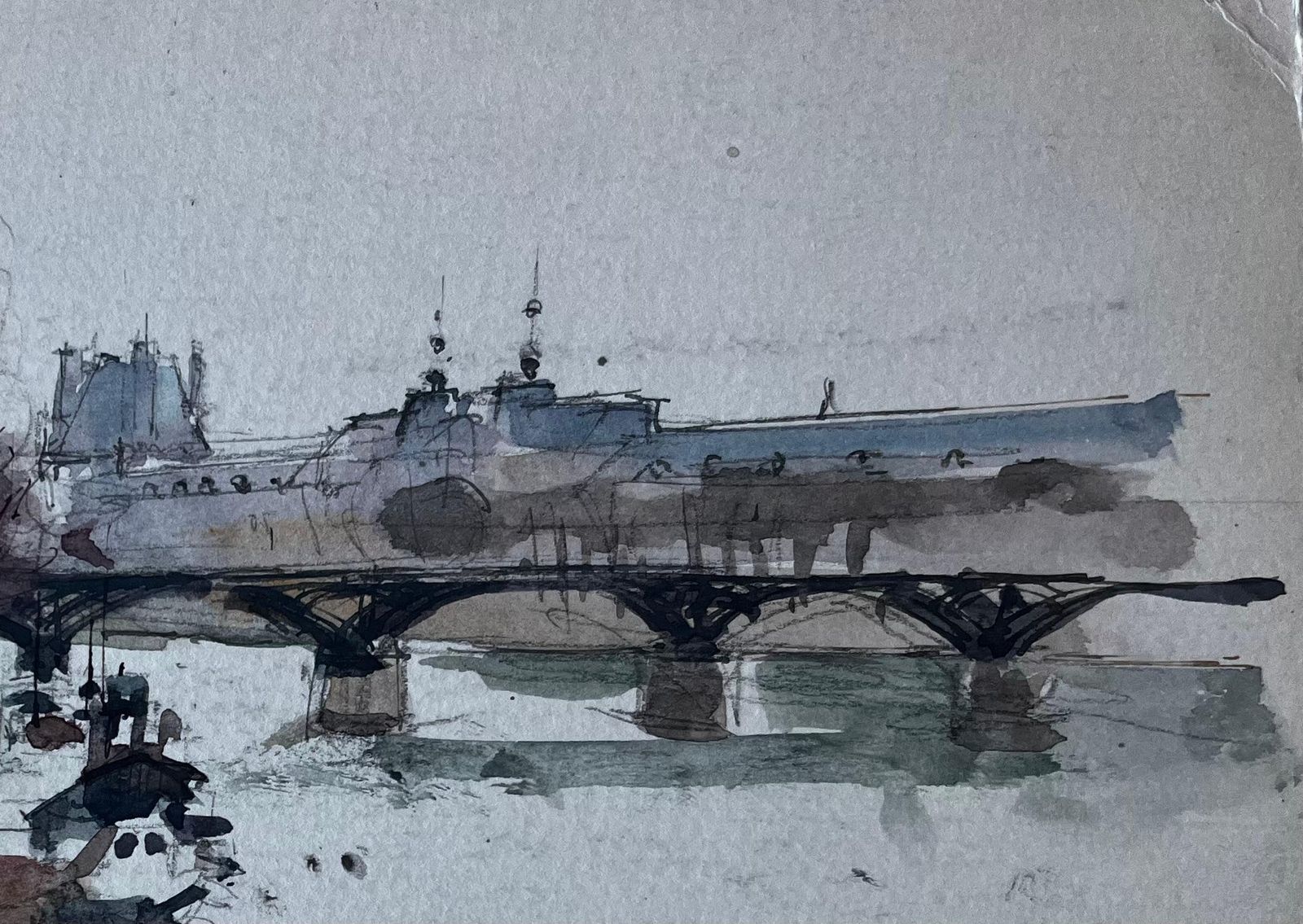 Pierre Neveuparis River Scene With Bridge And Boats French Modernist Watercolour photo 586.0