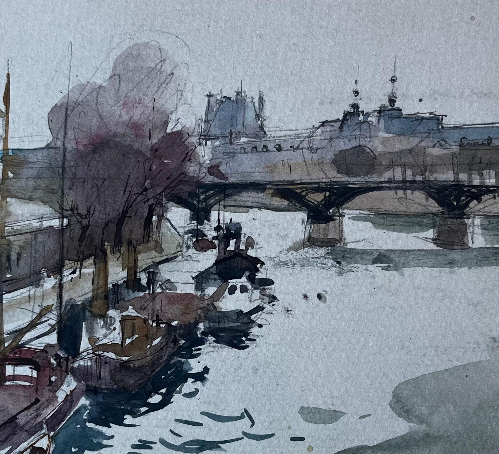 Pierre Neveuparis River Scene With Bridge And Boats French Modernist Watercolour photo buy
