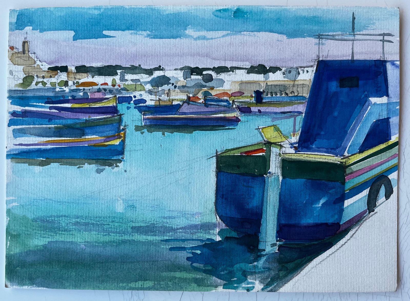 Pierre Neveumediterranean Harbour With Boats French Modernist Watercolour By Pierre Neveu photo furniture