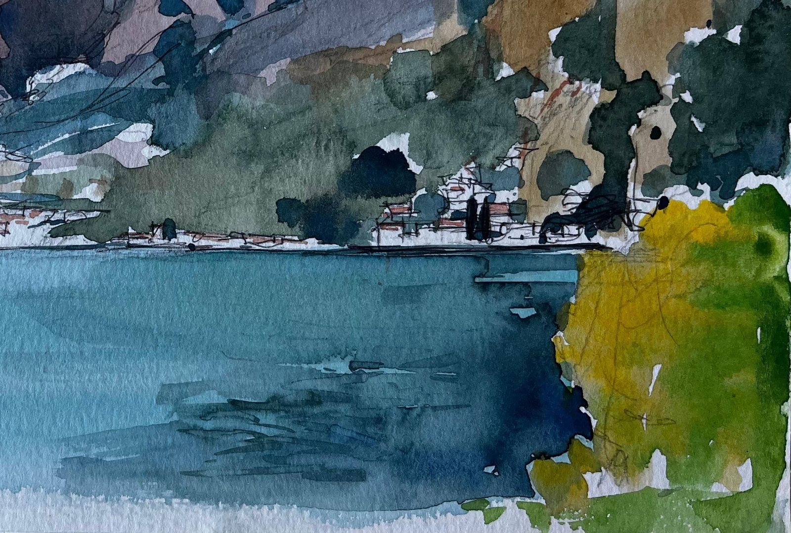 Pierre Neveulakeside Mountain Landscape French Modernist Watercolour By Pierre Neveu photo Art