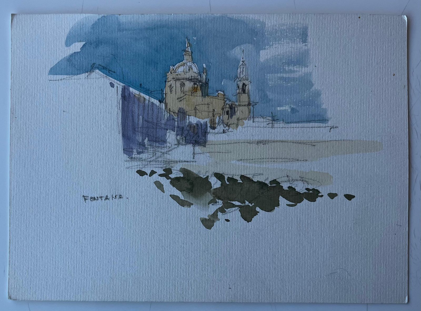 Pierre Neveufrench Hilltop Church At Fontasse Mid Century Watercolour Drawing photo furniture