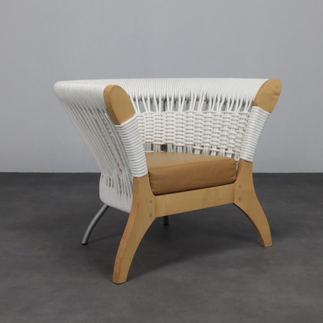 Handcrafted Italian Lounge Chair By Driade In Wood, Rope & Leather, Italy, 1990s photo for sale