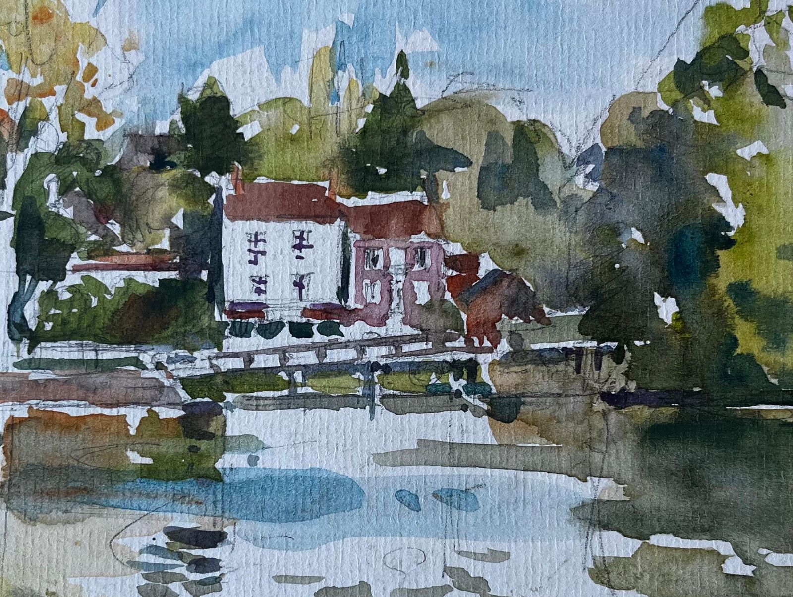 Pierre Neveuriverside Houses Reflected In Water French Impressionist Landscape Watercolour photo buy