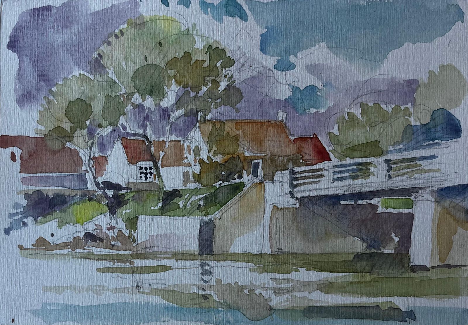 Pierre Neveubridge And Riverside Cottages France Mid Century Watercolour By Pierre Neveu