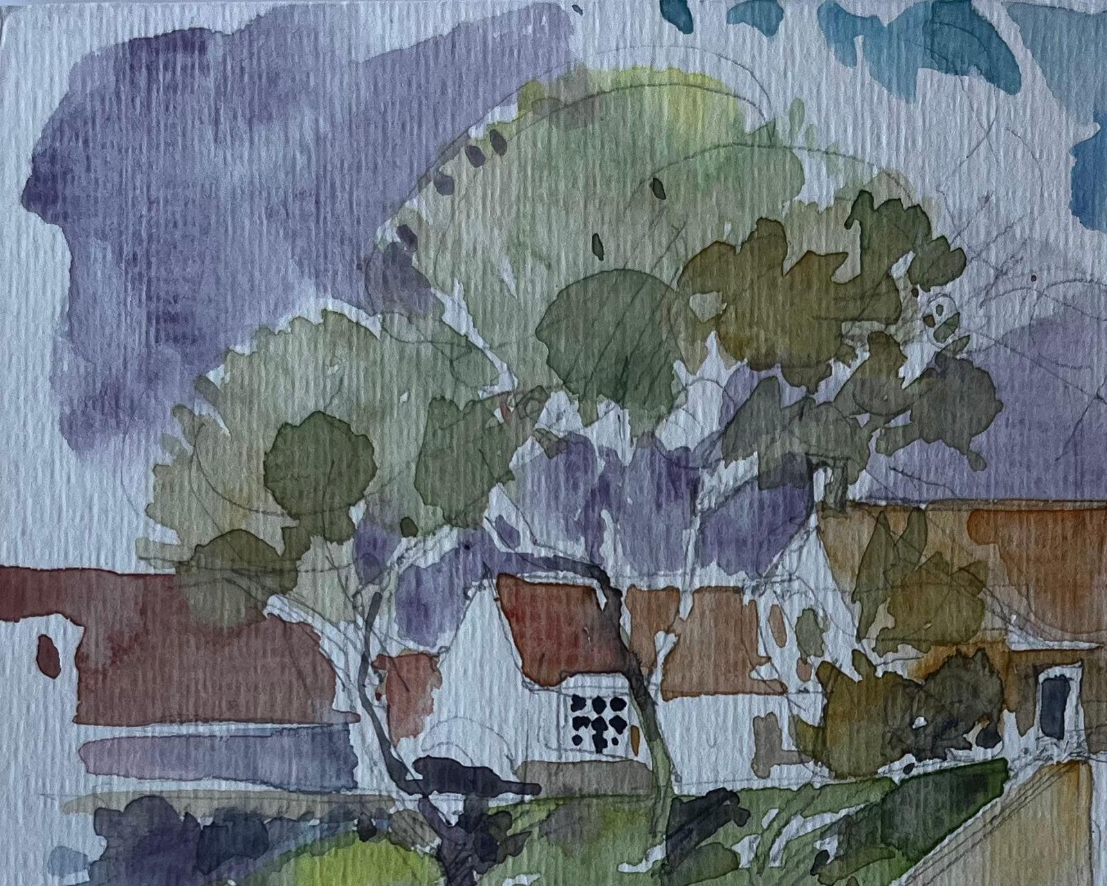 Pierre Neveubridge And Riverside Cottages France Mid Century Watercolour By Pierre Neveu photo for sale