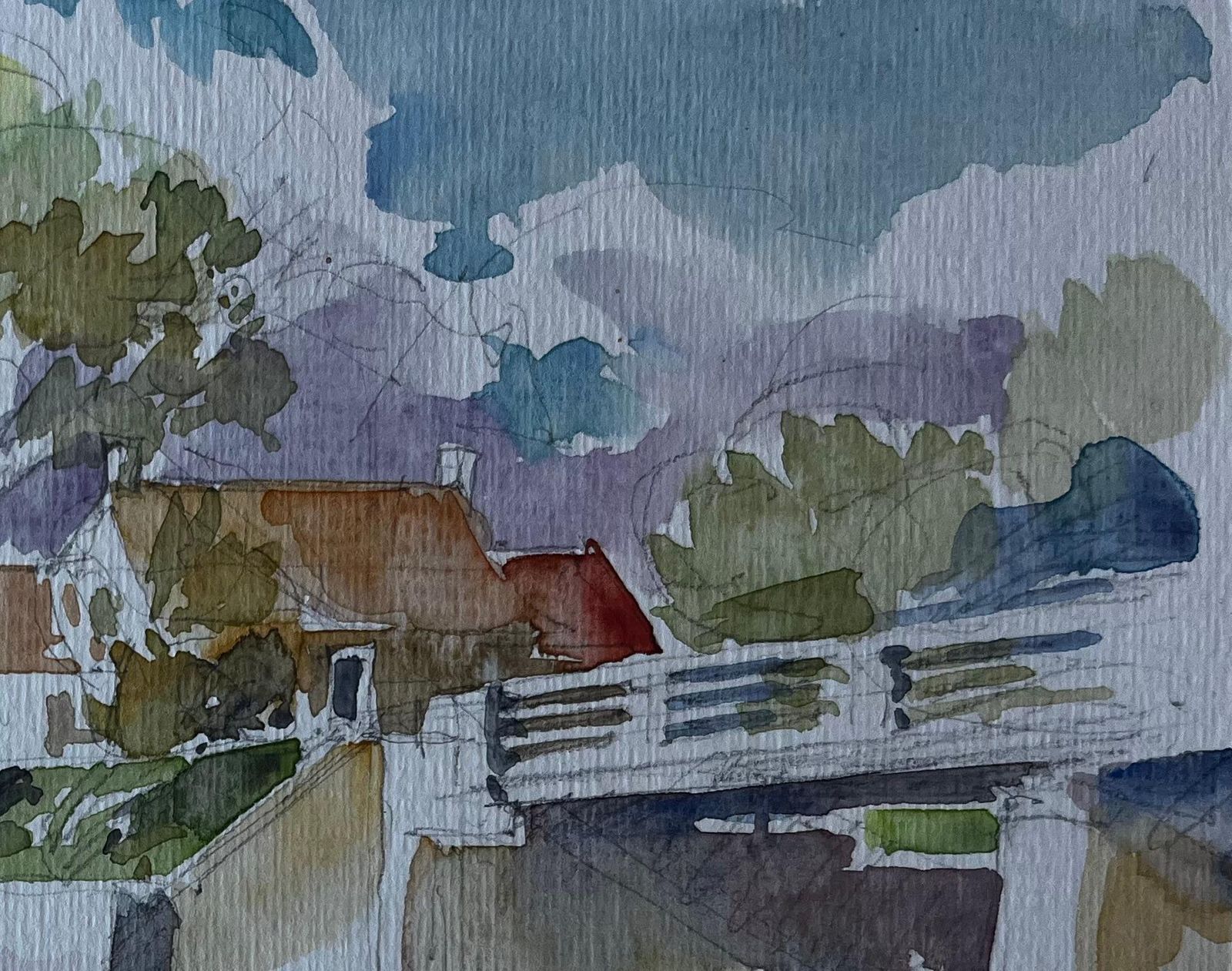 Pierre Neveubridge And Riverside Cottages France Mid Century Watercolour By Pierre Neveu photo vinterior