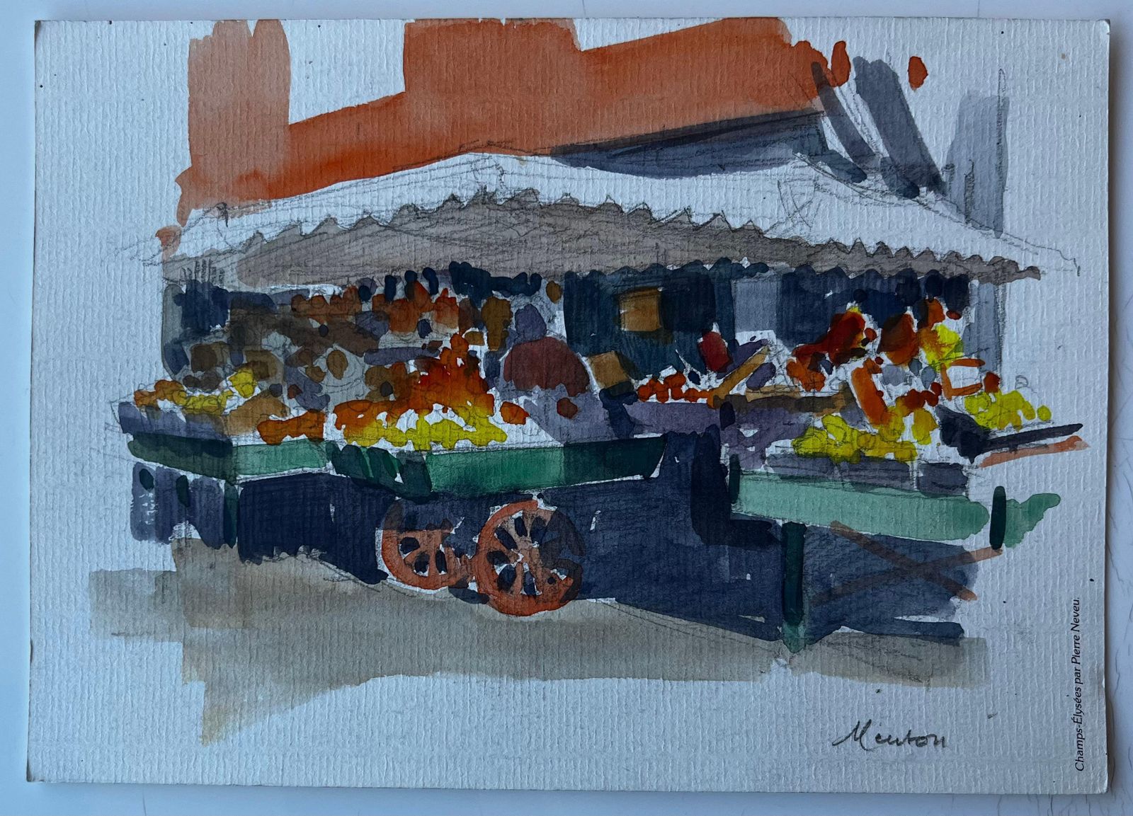 Pierre Neveumenton French Riviera Market Scene Mid Century Watercolour By Pierre Neveu photo furniture