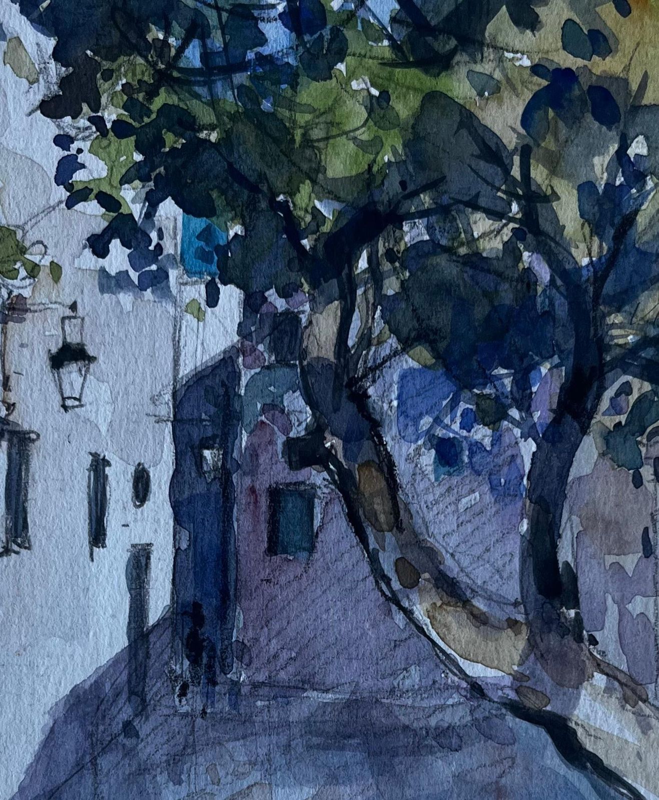 Pierre Neveufrench Village Street With Tree Shadows Mid Century Watercolour By Pierre Neveu photo vinterior