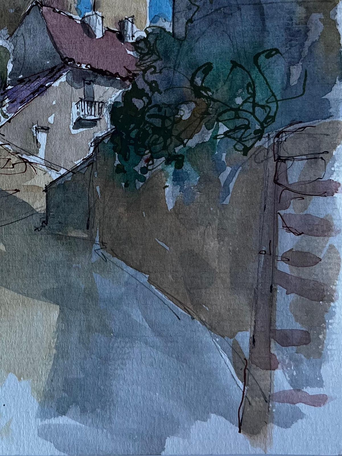 Pierre Neveufrench Village Street With Tree Shadows Mid Century Watercolour By Pierre Neveu photo 514.0
