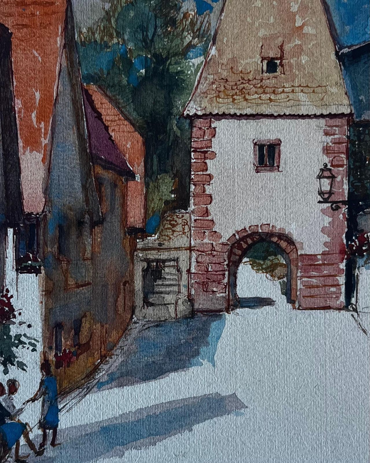 Pierre Neveufrench Village Gate Scene With Figures Mid Century Watercolour By Pierre Neveu photo buy