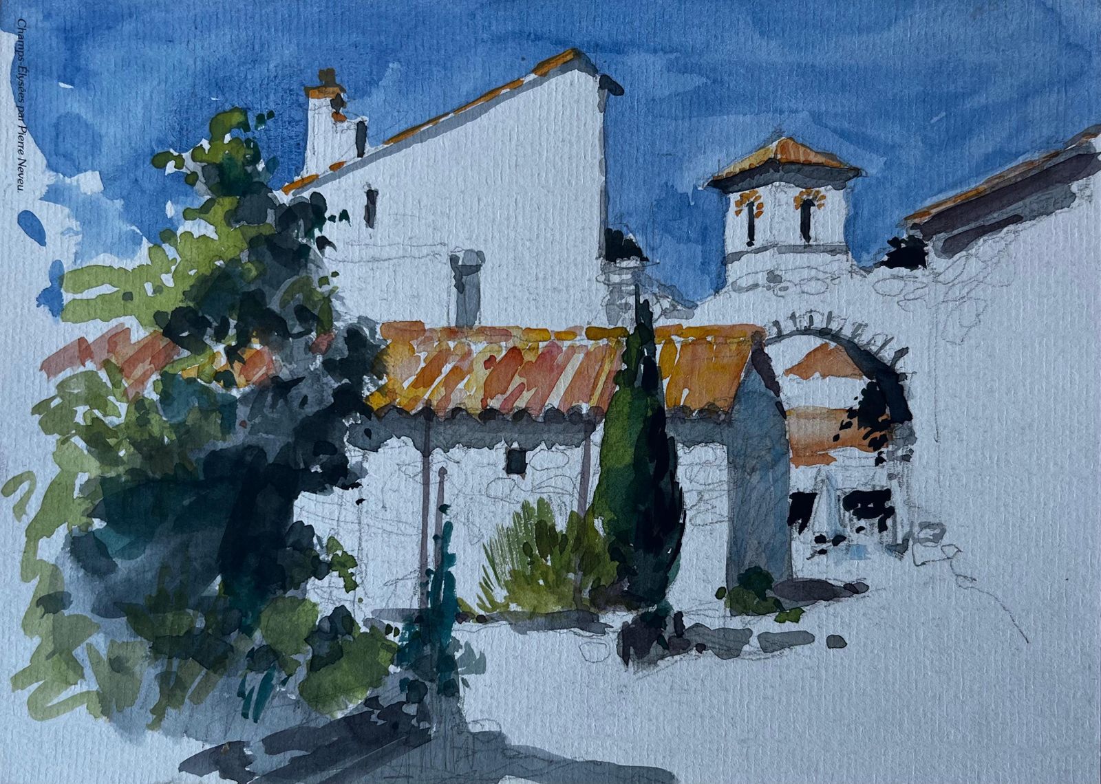 Pierre Neveusunlit Village Houses With Terracotta Roofs French Modernist Watercolour