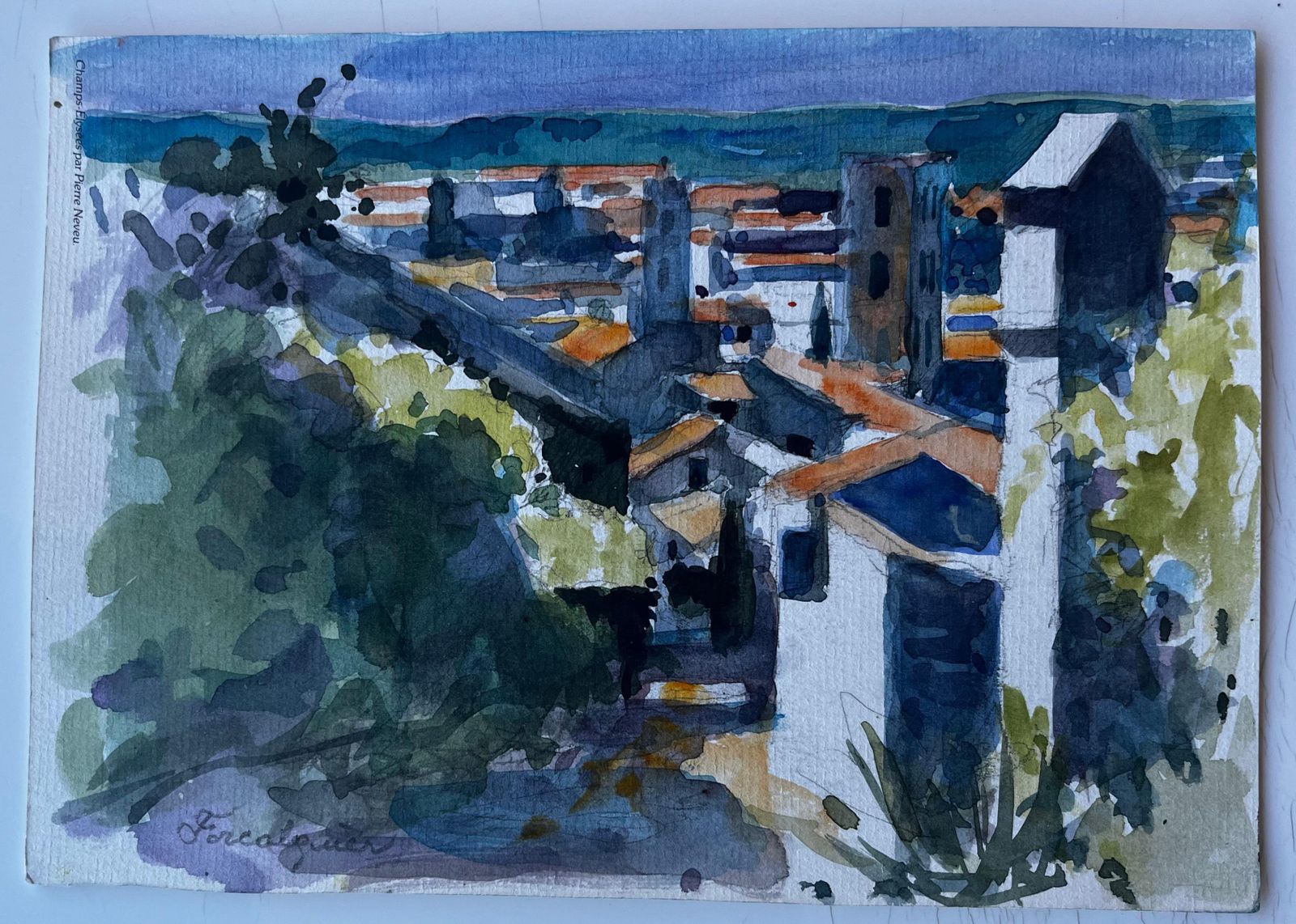 Pierre Neveufrench Hilltop View Of Forcalquier Mid Century Watercolour Landscape photo furniture