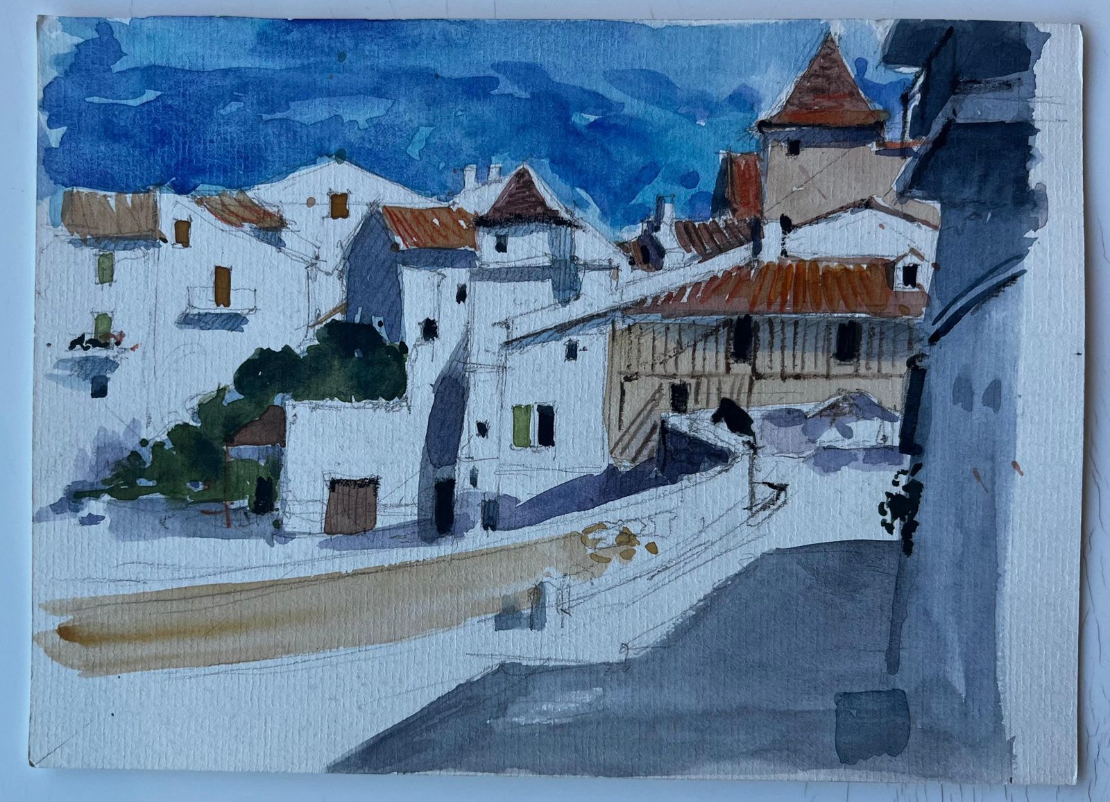 Pierre Neveufrench Hilltop Village Street Scene Mid Century Watercolour Painting photo furniture