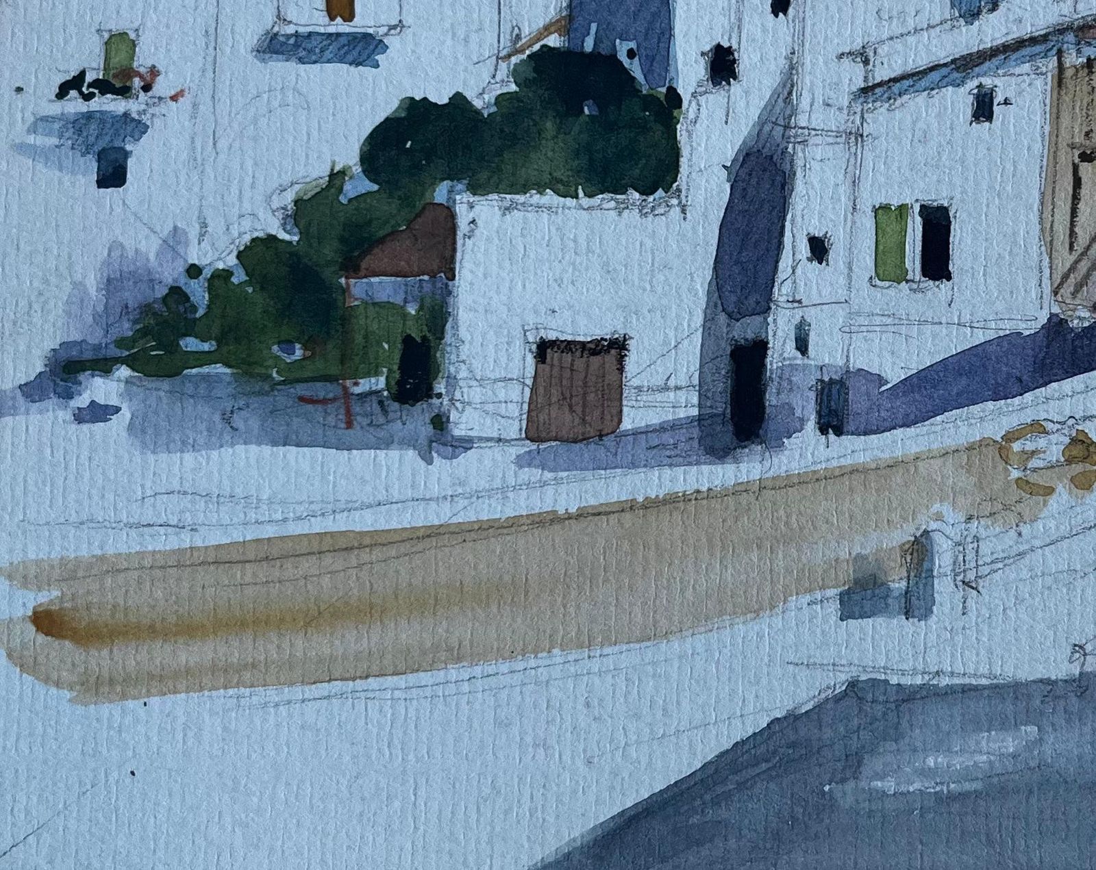 Pierre Neveufrench Hilltop Village Street Scene Mid Century Watercolour Painting photo vinterior