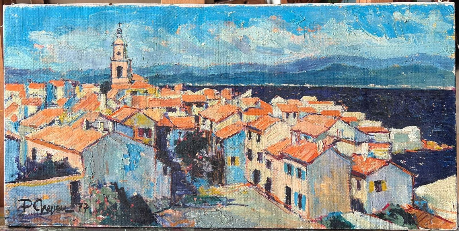 Pierre Neveust. Tropez Skyline Rooftops & Houses 1970's French Post Impression Oil Painting1977 photo furniture