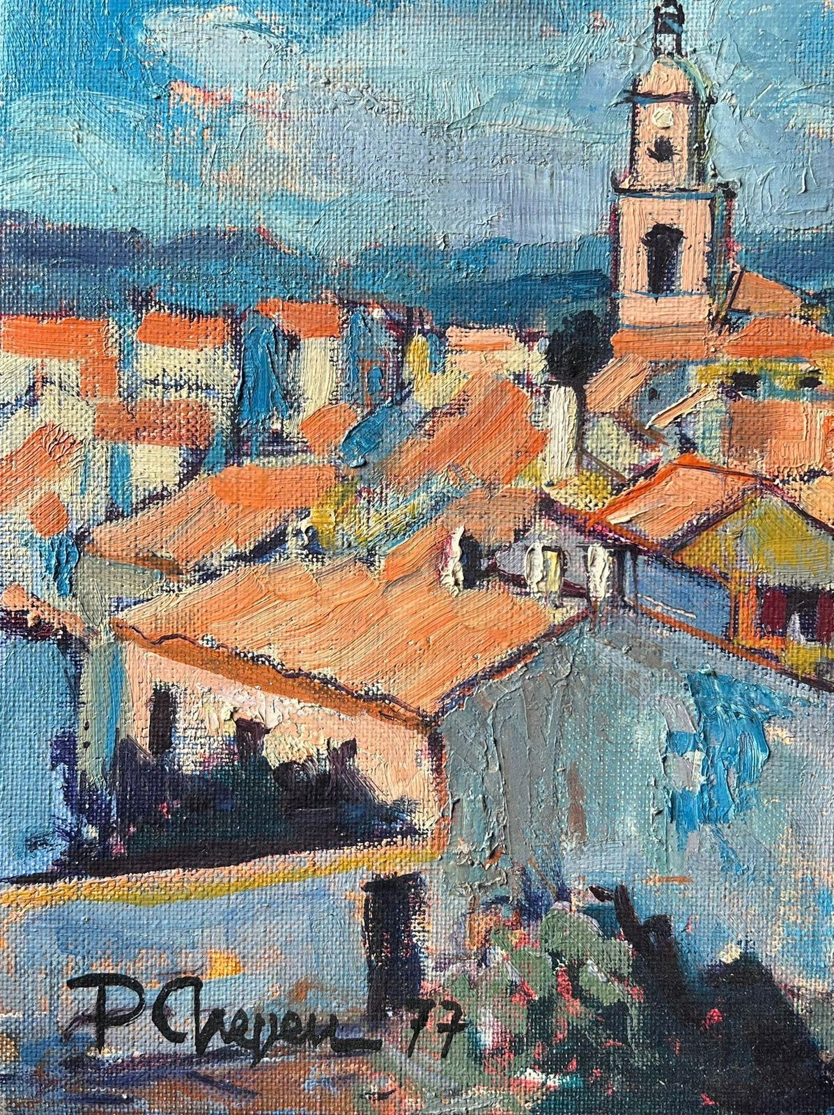 Pierre Neveust. Tropez Skyline Rooftops & Houses 1970's French Post Impression Oil Painting1977 photo 1422.0